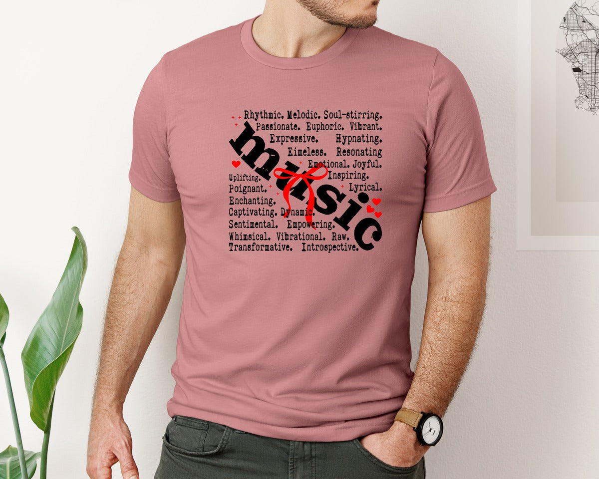 brand:Bella Canvas|color:Heather Mauve|Music Words Music Coquette Bow Graphic T-Shirt