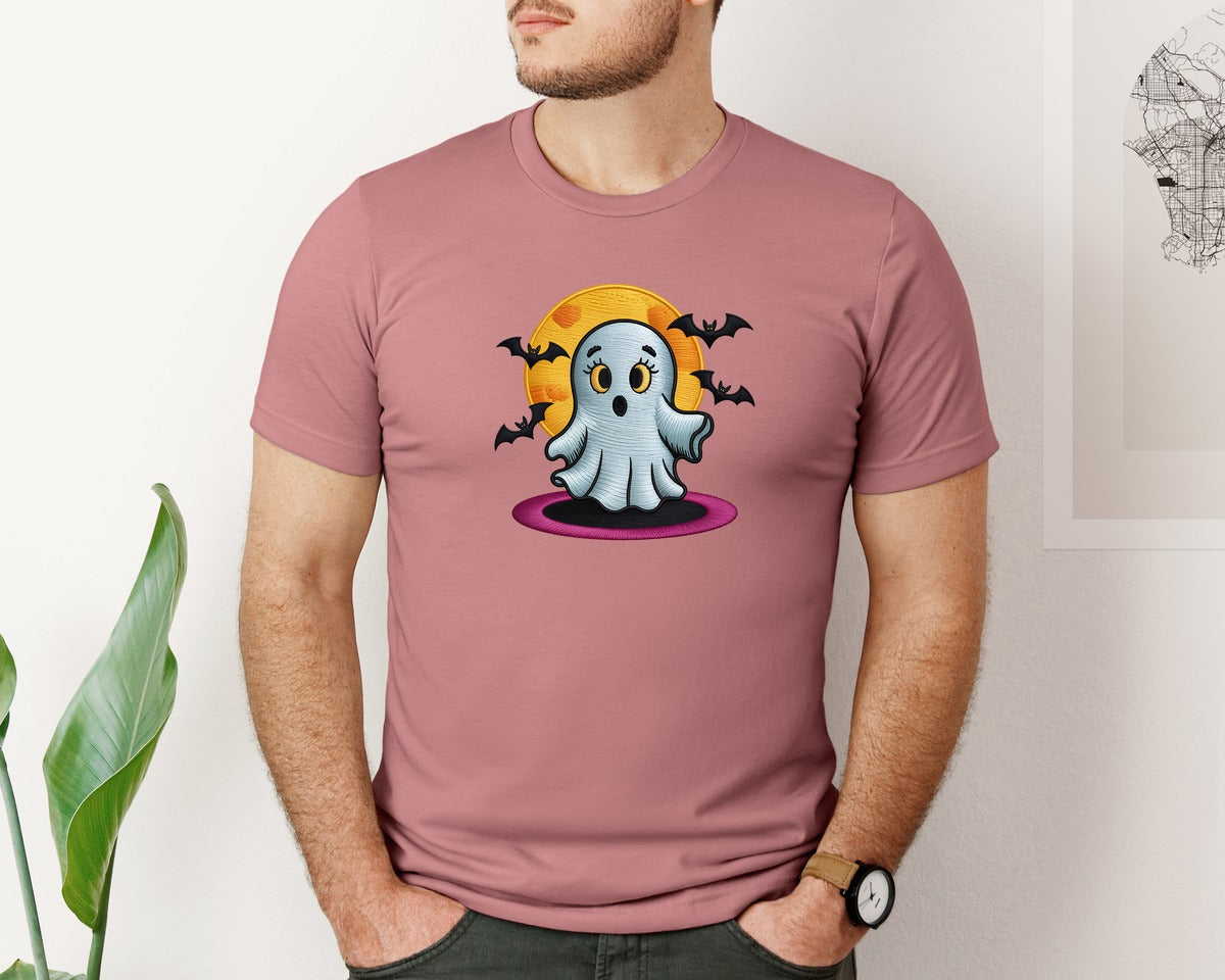 brand:Bella Canvas|color:Heather Mauve|Cute Halloween Ghost Embroidery Graphic T-Shirt