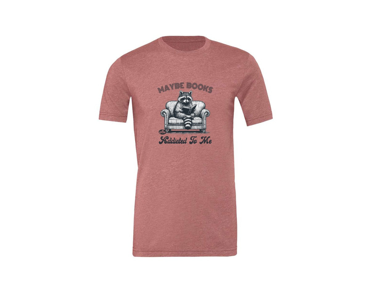 brand:Generic|color:Heather Mauve|Maybe Books Are Addicted To Me Raccoon Graphic T-Shirt