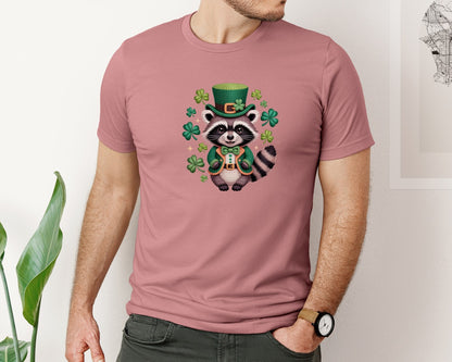 brand:Bella Canvas|color:Heather Mauve|Faux Yarn Lucky Raccoon St Patricks Day Graphic T-Shirt