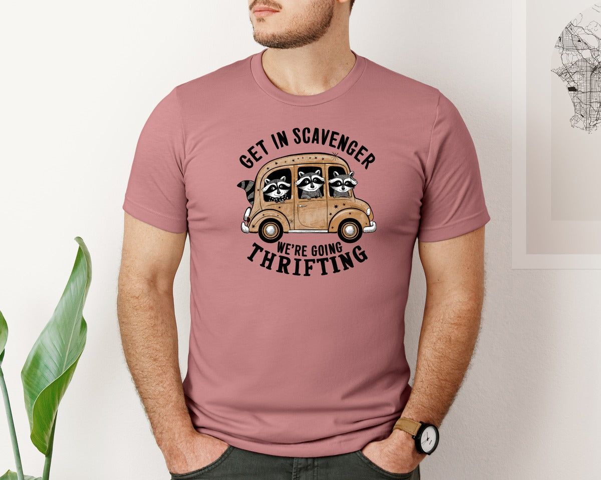 brand:Bella Canvas|color:Heather Mauve|Vintage Raccoon Thrifting Scavenger Graphic T-Shirt