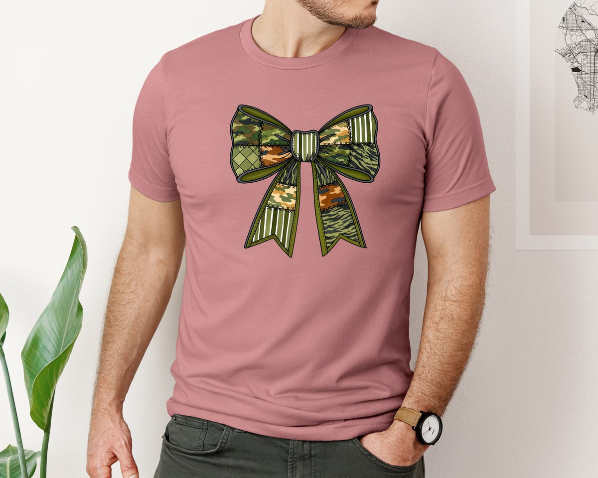 brand:Bella Canvas|color:Heather Mauve|Coquette Camo Bow Patchwork Camo Graphic T-Shirt