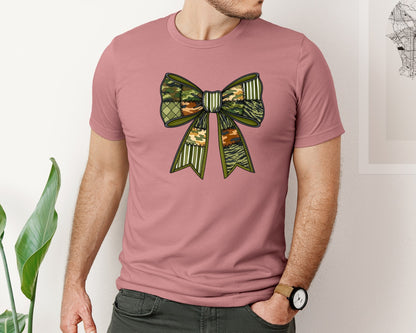brand:Bella Canvas|color:Heather Mauve|Coquette Camo Bow Patchwork Camo Graphic T-Shirt