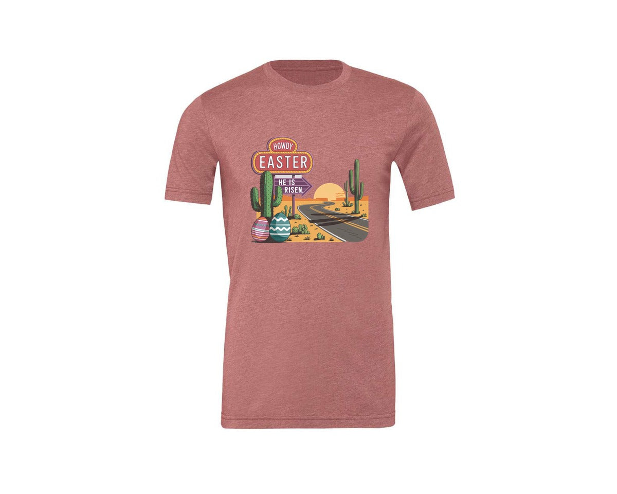 brand:Generic|color:Heather Mauve|Howdy Easter Western Desert Easter 3 Graphic T-Shirt