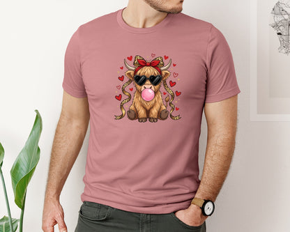 brand:Bella Canvas|color:Heather Mauve|Coquette Valentine Highland Cow 2 Graphic T-Shirt