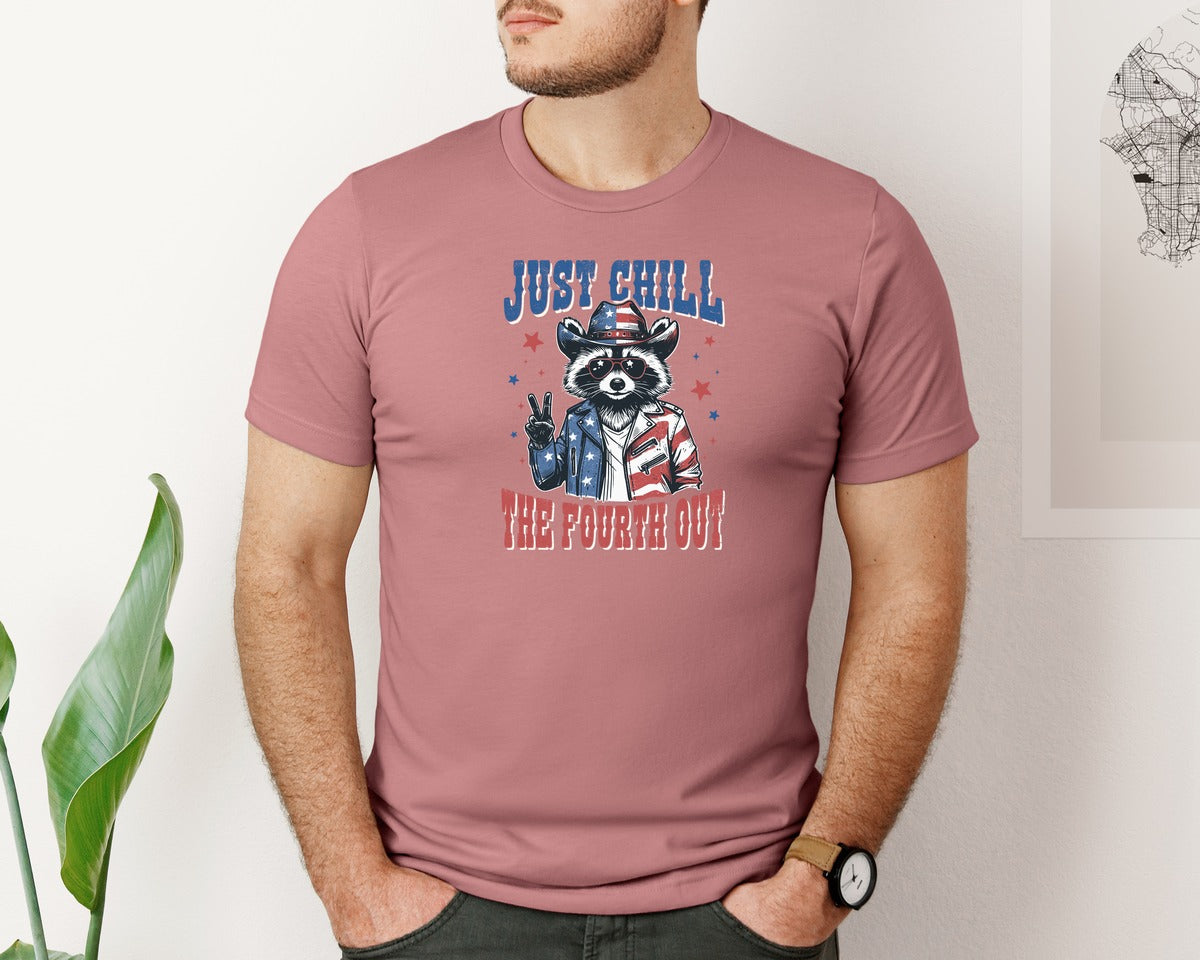 brand:Bella Canvas|color:Heather Mauve|Raccoon Just Chill The Fourth Out Shirt Graphic T-Shirt