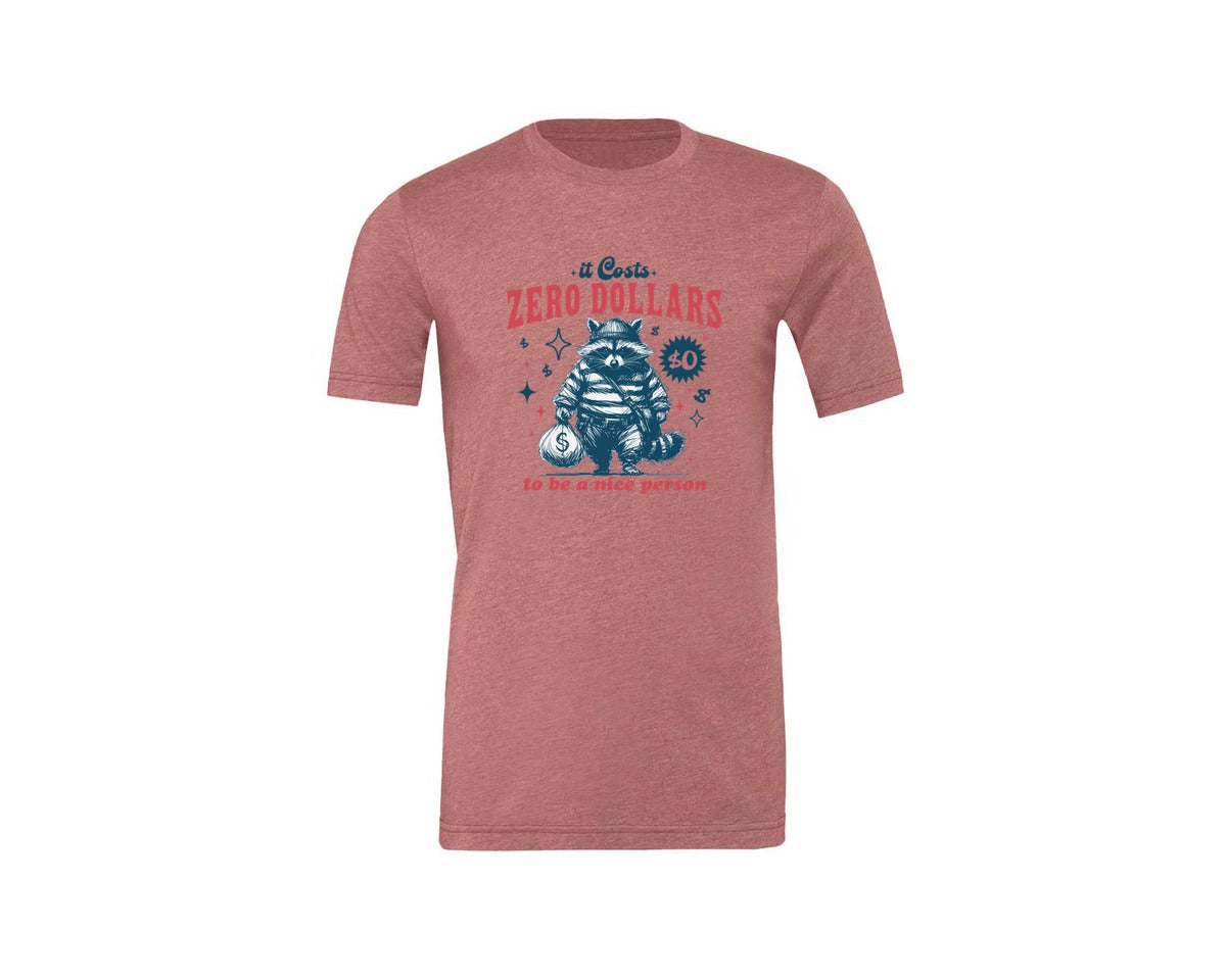 brand:Generic|color:Heather Mauve|Zero Dollars Be A Nice Person Raccoon Graphic T-Shirt