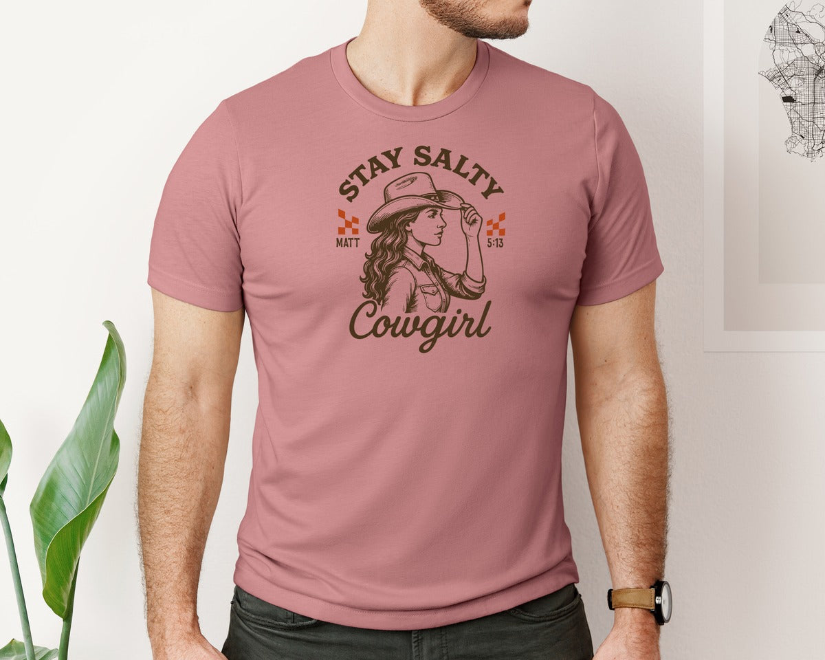brand:Bella Canvas|color:Heather Mauve|Stay Salty Cowgirl Christian Western Graphic T-Shirt