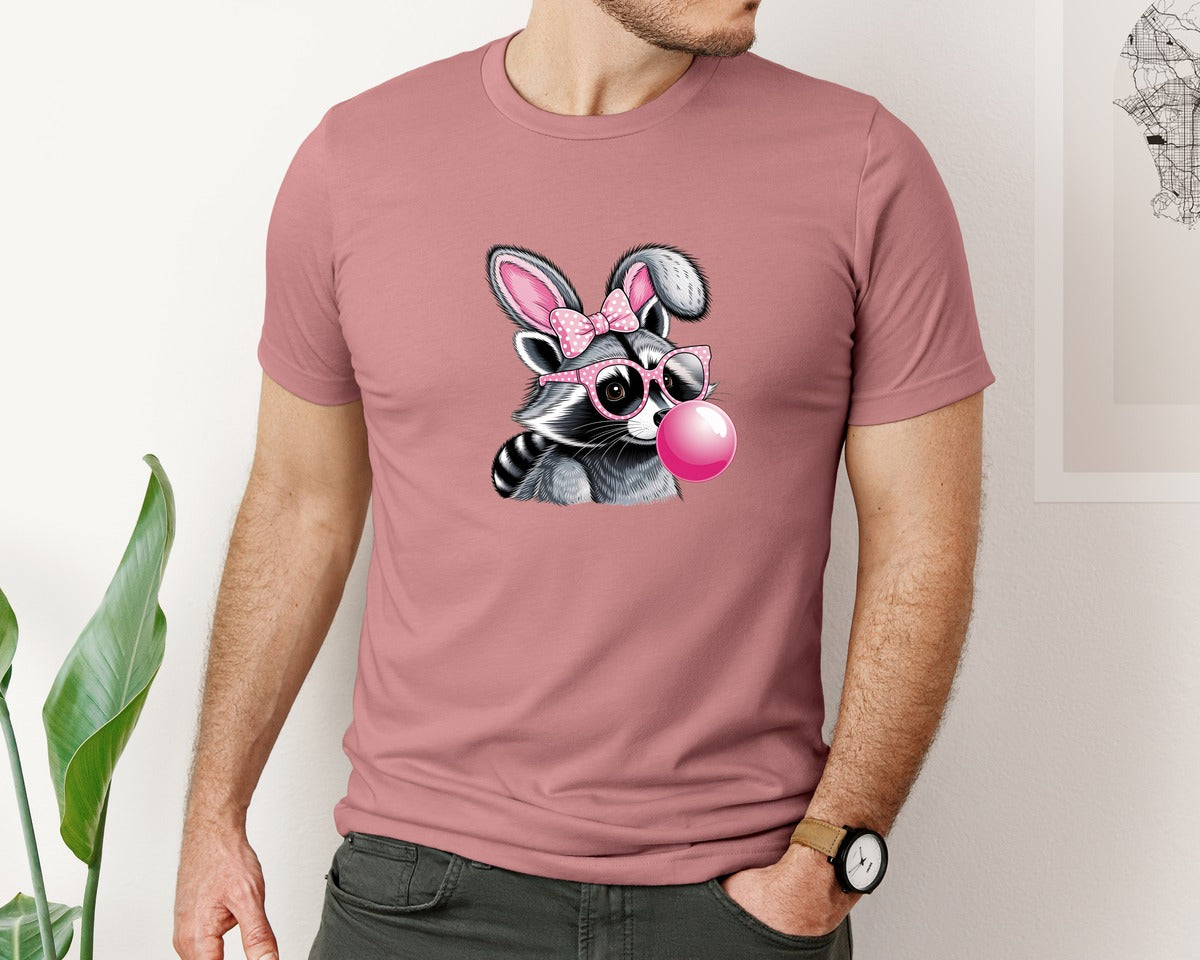 brand:Bella Canvas|color:Heather Mauve|Cute Raccoon With Glasses Bubble Gum 6 Graphic T-Shirt