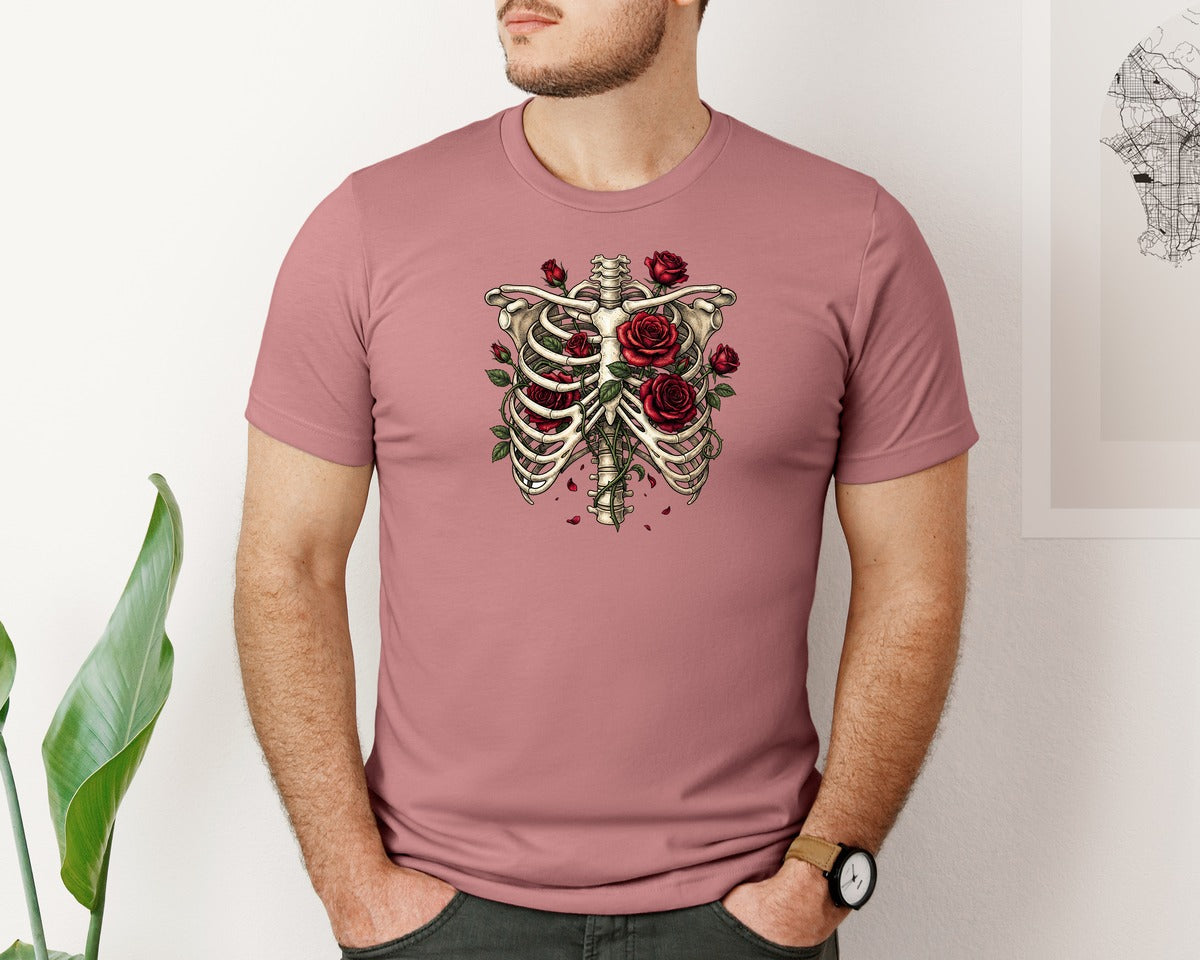 brand:Bella Canvas|color:Heather Mauve|Gothic Skeleton Roses Valentine Graphic T-Shirt