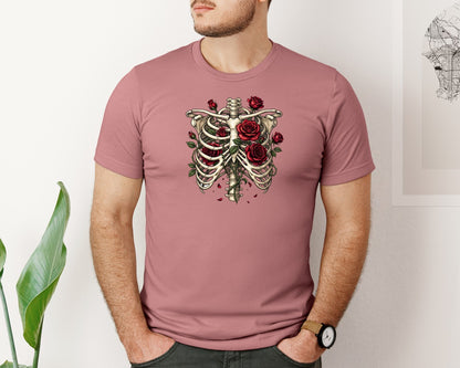 brand:Bella Canvas|color:Heather Mauve|Gothic Skeleton Roses Valentine Graphic T-Shirt