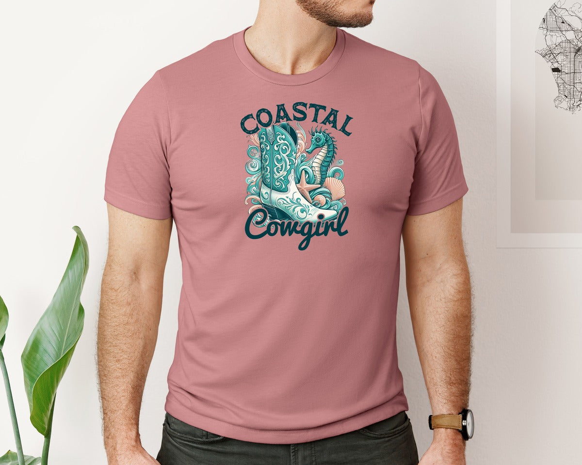 brand:Bella Canvas|color:Heather Mauve|Coastal Cowgirl Cowgirl Boots Graphic T-Shirt