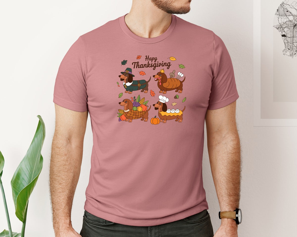 brand:Bella Canvas|color:Heather Mauve|Thanksgiving Dachshund Gobble Graphic T-Shirt
