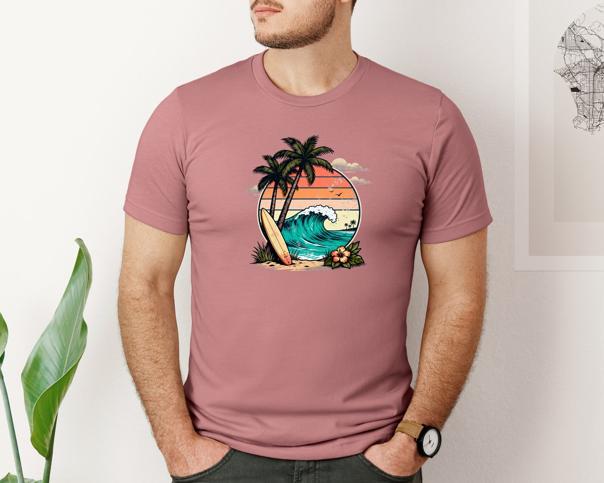 brand:Bella Canvas|color:Heather Mauve|Retro Surf Sunset Beach Palm Tree Graphic T-Shirt