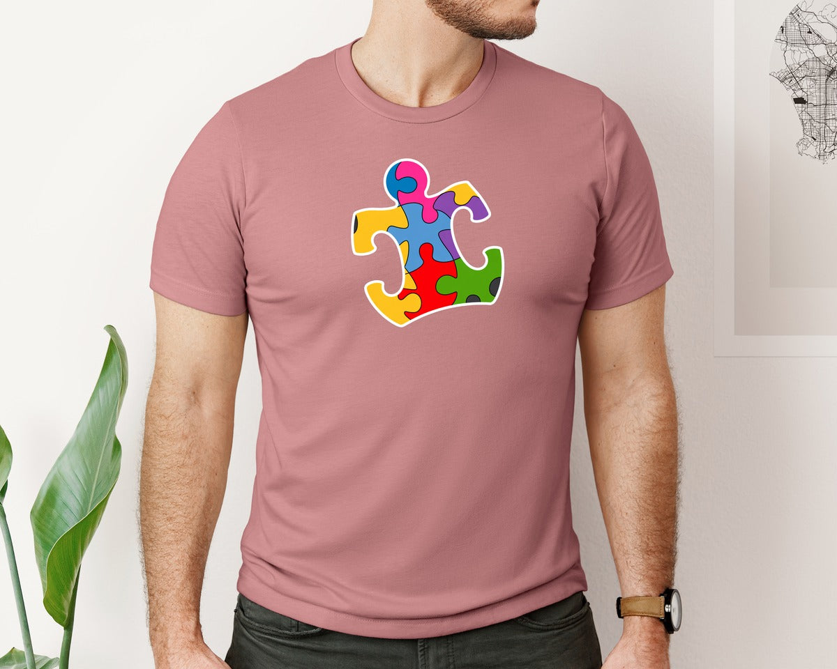 brand:Bella Canvas|color:Heather Mauve|Autism Puzzle Piece Awareness Shirt Graphic T-Shirt