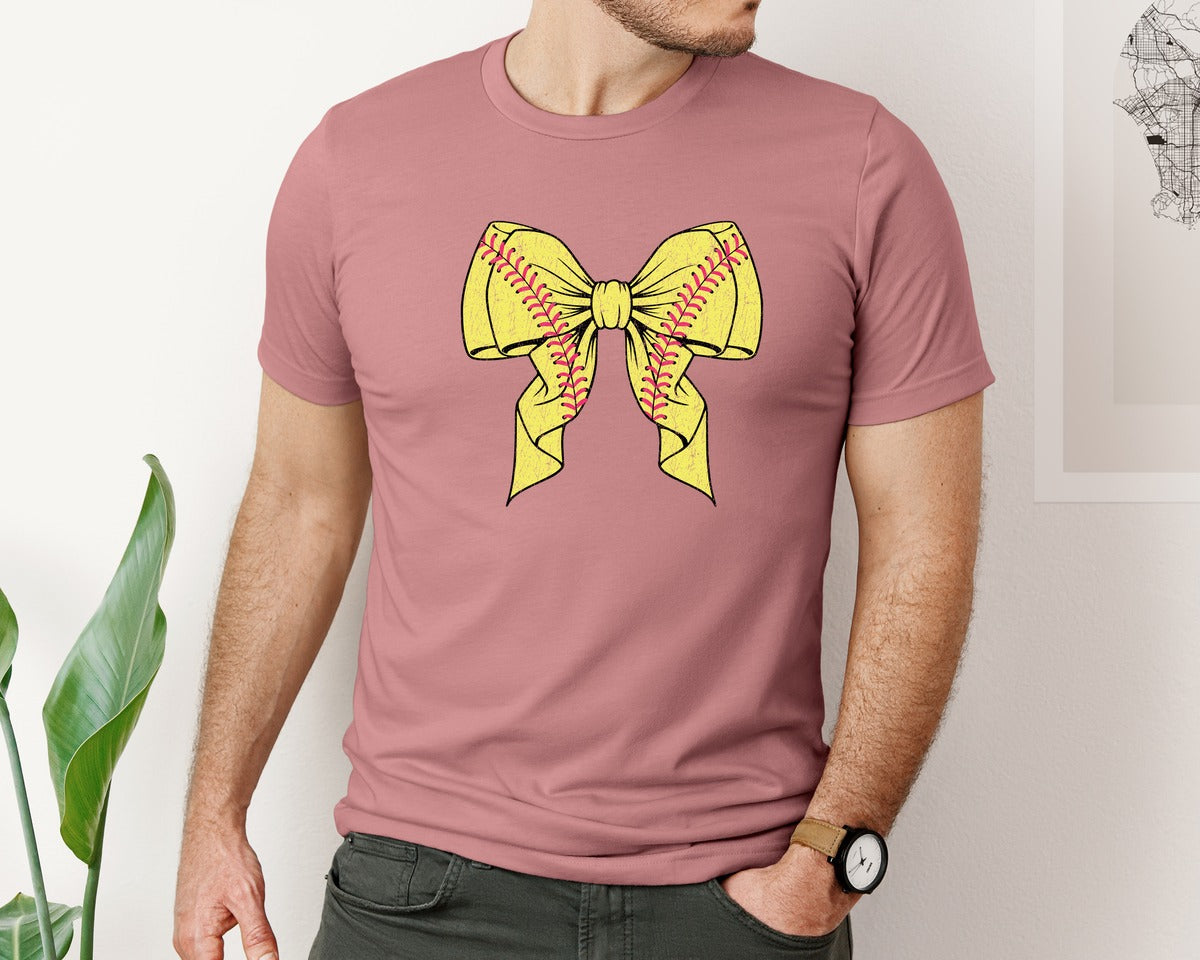 brand:Bella Canvas|color:Heather Mauve|Coquette Softball Distressed Pink Bow Graphic T-Shirt