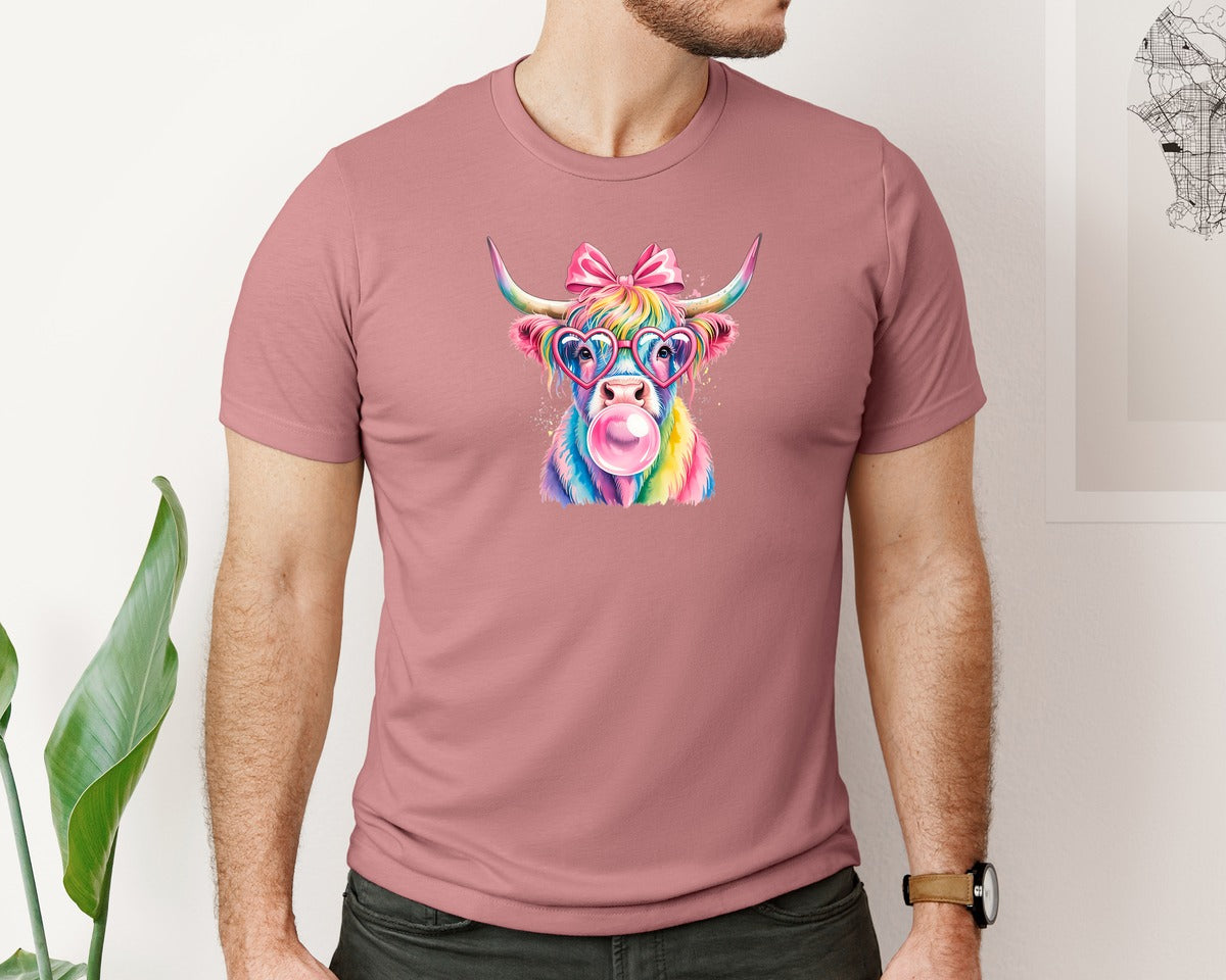 brand:Bella Canvas|color:Heather Mauve|Fabulous Rainbow Highland Cow Farm Graphic T-Shirt