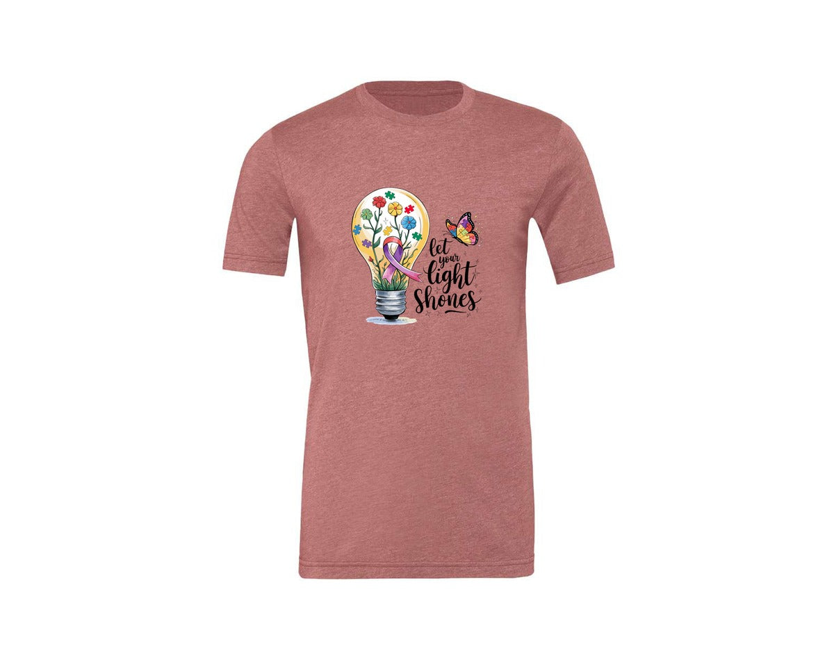 brand:Generic|color:Heather Mauve|Autism Awareness Let Your Light Shine Graphic T-Shirt