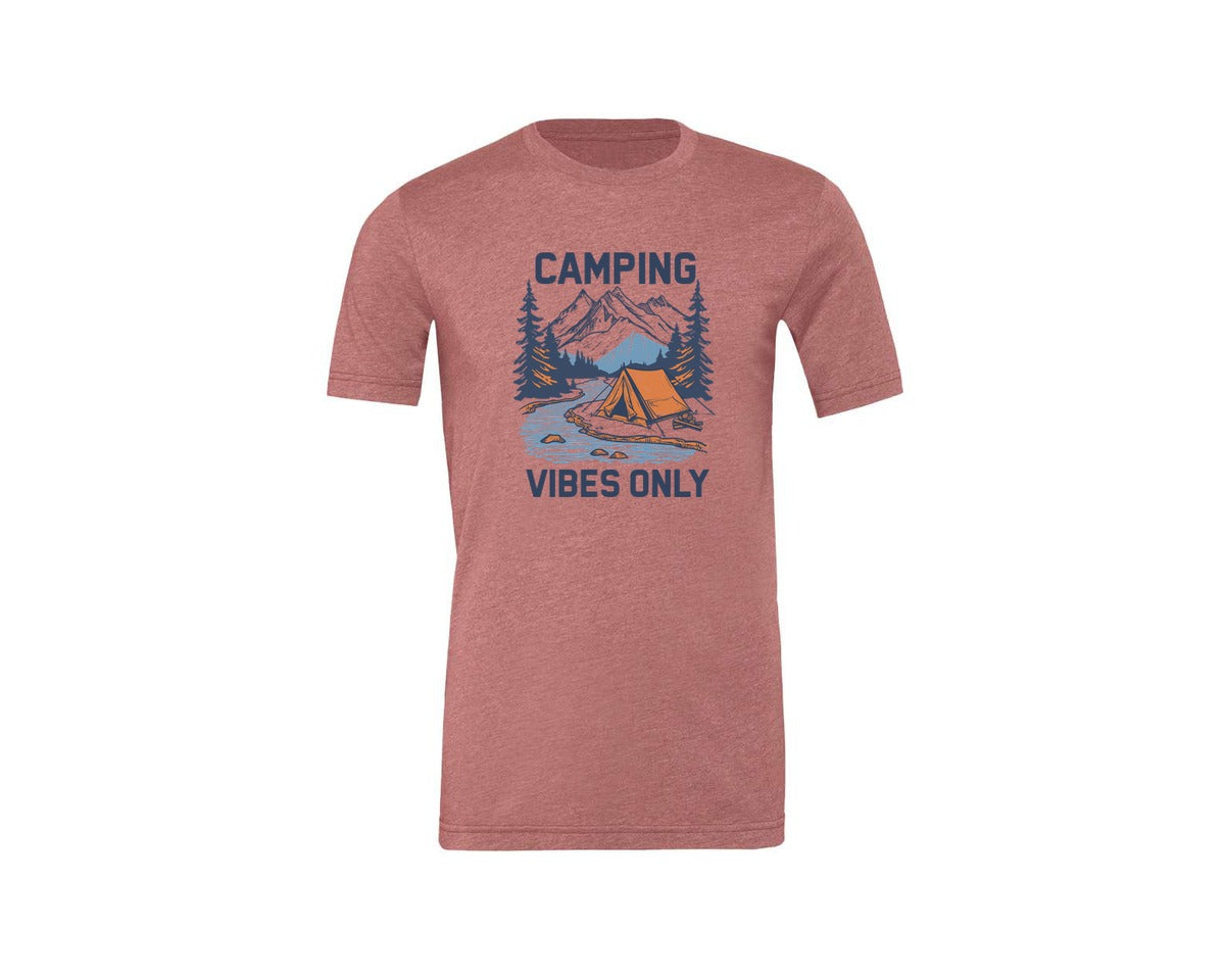 brand:Generic|color:Heather Mauve|Camping Vibes Only Outdoor Adventure Tee Graphic T-Shirt