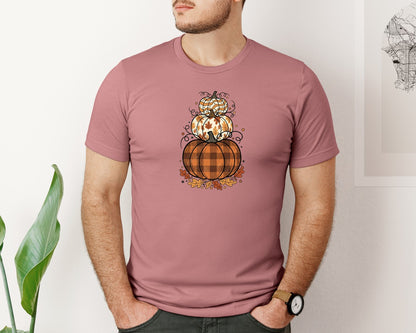 brand:Bella Canvas|color:Heather Mauve|Stacked Pumpkins Fall Autumn Leaves Graphic T-Shirt