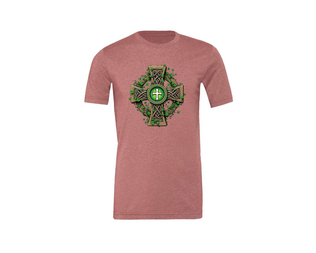 brand:Generic|color:Heather Mauve|Celtic Cross With Shamrocks Irish Graphic T-Shirt