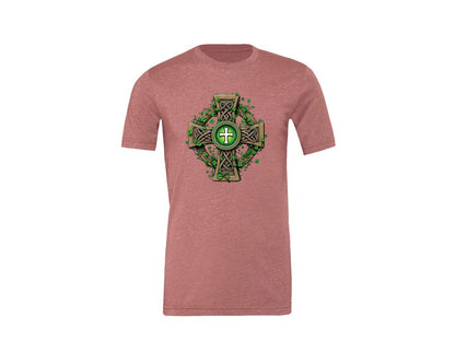 brand:Generic|color:Heather Mauve|Celtic Cross With Shamrocks Irish Graphic T-Shirt