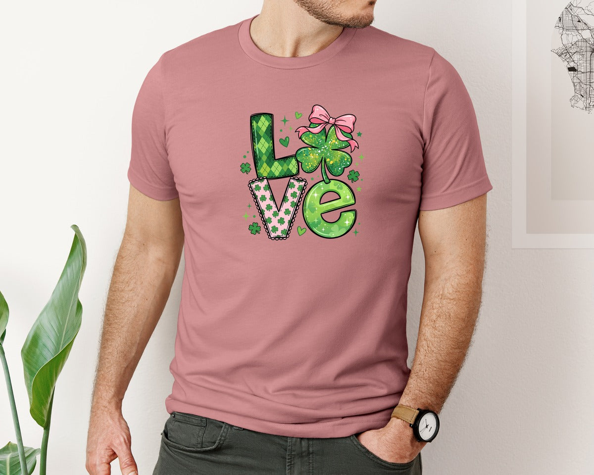 brand:Bella Canvas|color:Heather Mauve|St Patricks Day Love Shamrock Graphic T-Shirt
