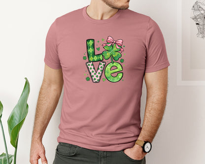brand:Bella Canvas|color:Heather Mauve|St Patricks Day Love Shamrock Graphic T-Shirt