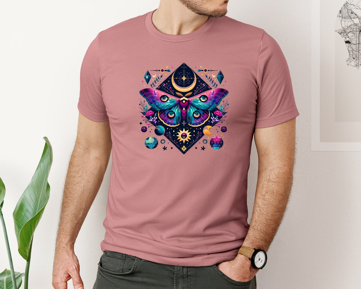 brand:Bella Canvas|color:Heather Mauve|Luna Moth Moon Phases Witchy Graphic T-Shirt