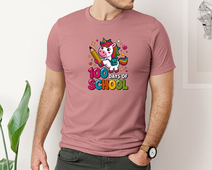 brand:Bella Canvas|color:Heather Mauve|100 Days School Unicorn Art Graphic T-Shirt