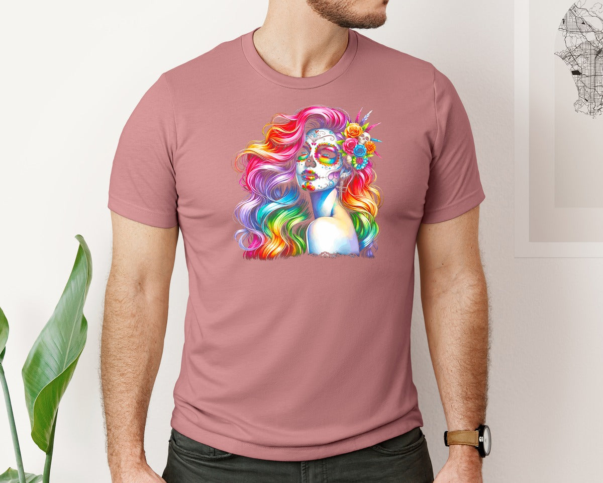 brand:Bella Canvas|color:Heather Mauve|Vibrant Day Of The Dead Woman With Rainbow Graphic T-Shirt