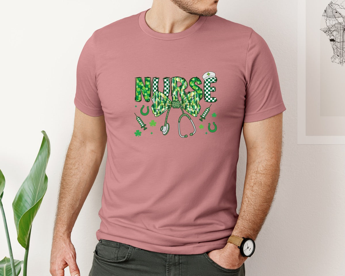 brand:Bella Canvas|color:Heather Mauve|St Patricks Day Nurse 6 Graphic T-Shirt