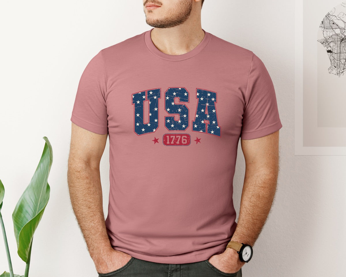 brand:Bella Canvas|color:Heather Mauve|Usa 1776 Svg4Th Of July Usa Varsity Graphic T-Shirt