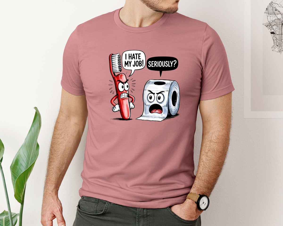 brand:Bella Canvas|color:Heather Mauve|Quirky Toothbrush Toilet Paper Graphic T-Shirt