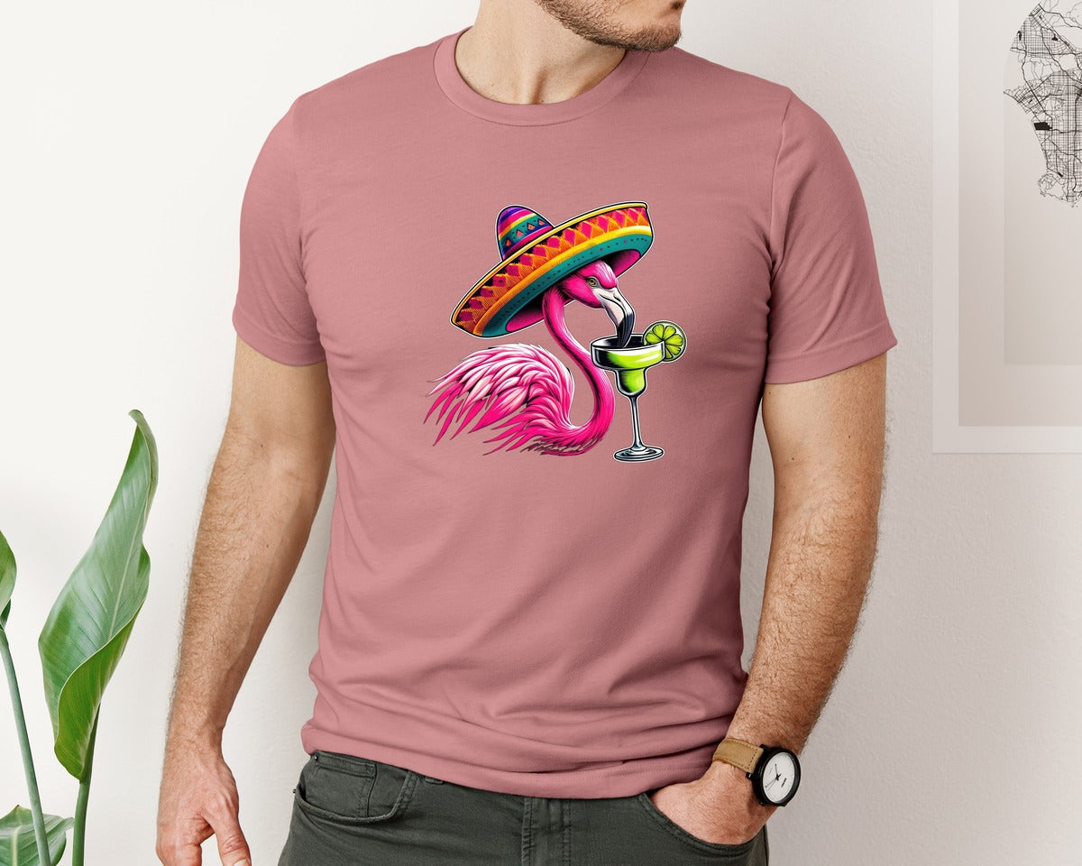 brand:Bella Canvas|color:Heather Mauve|Flamingo Drinking Margarita Mexican Graphic T-Shirt