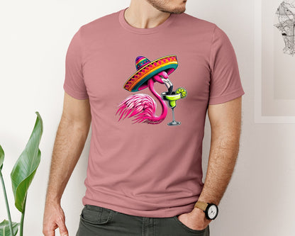 brand:Bella Canvas|color:Heather Mauve|Flamingo Drinking Margarita Mexican Graphic T-Shirt