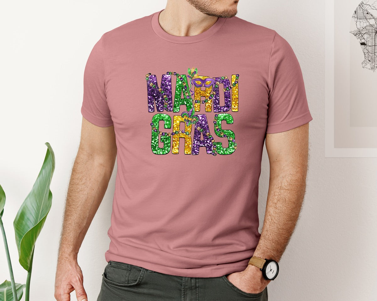 brand:Bella Canvas|color:Heather Mauve|Mardi Gras Faux Sequin Glitter Sublimate 2 Graphic T-Shirt