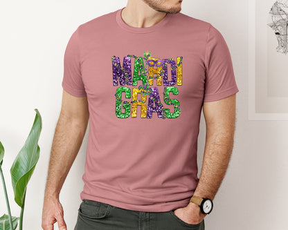 brand:Bella Canvas|color:Heather Mauve|Mardi Gras Faux Sequin Glitter Sublimate 2 Graphic T-Shirt