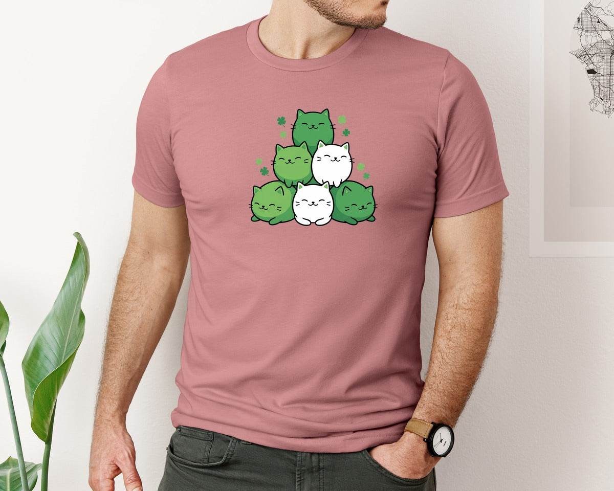 brand:Bella Canvas|color:Heather Mauve|St Patricks Cute Green Cat Stack Graphic T-Shirt
