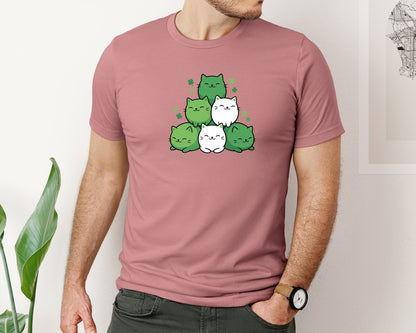 brand:Bella Canvas|color:Heather Mauve|St Patricks Cute Green Cat Stack Graphic T-Shirt