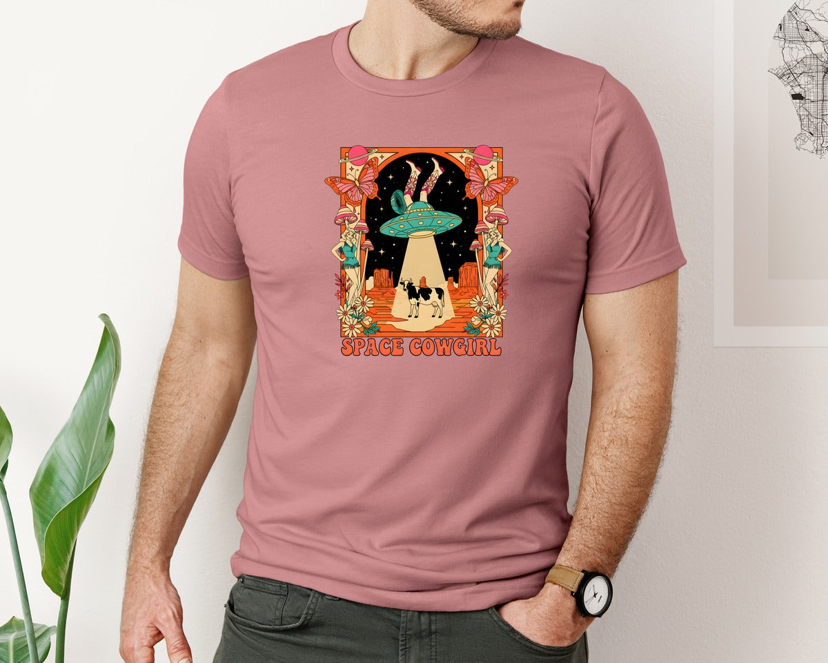 brand:Bella Canvas|color:Heather Mauve|Space Cowgirl Legs Ufo Alien Graphic T-Shirt