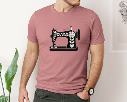 brand:Bella Canvas|color:Heather Mauve|Black Floral Sewing Machine Graphic T-Shirt