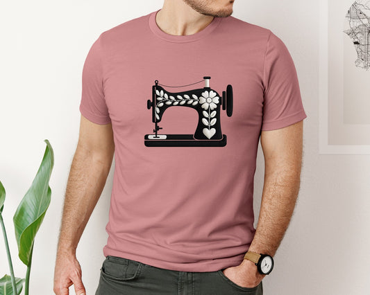 Black Floral Sewing Machine Graphic T-Shirt