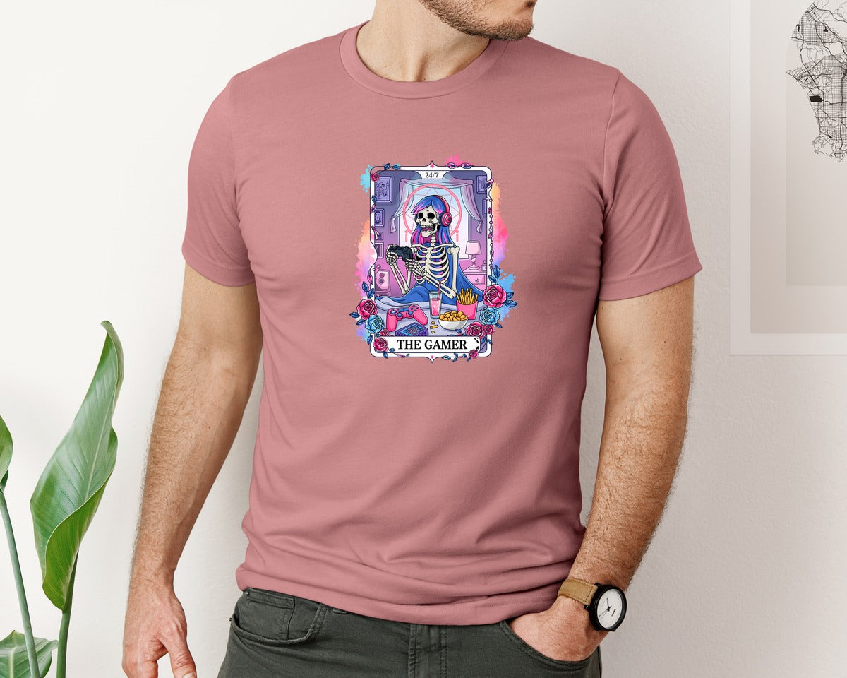 brand:Bella Canvas|color:Heather Mauve|The Gamer 24 7 Skeleton Gamer Girl Graphic T-Shirt