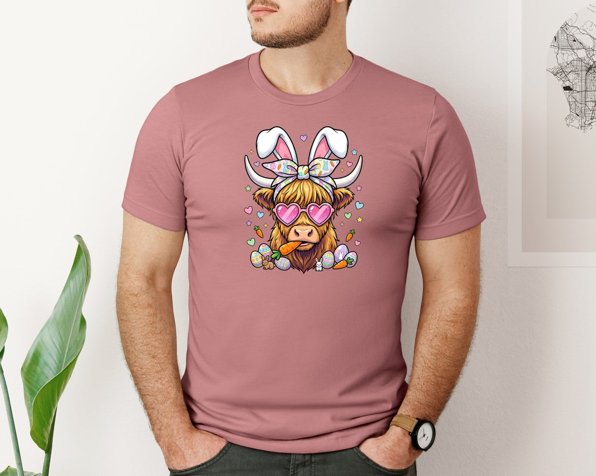 brand:Bella Canvas|color:Heather Mauve|Easter Highland Cow Graphic T-Shirt