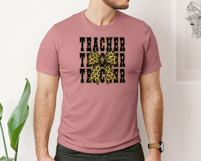 brand:Bella Canvas|color:Heather Mauve|Teacher Shirt Leopard Teacher Bow Graphic T-Shirt