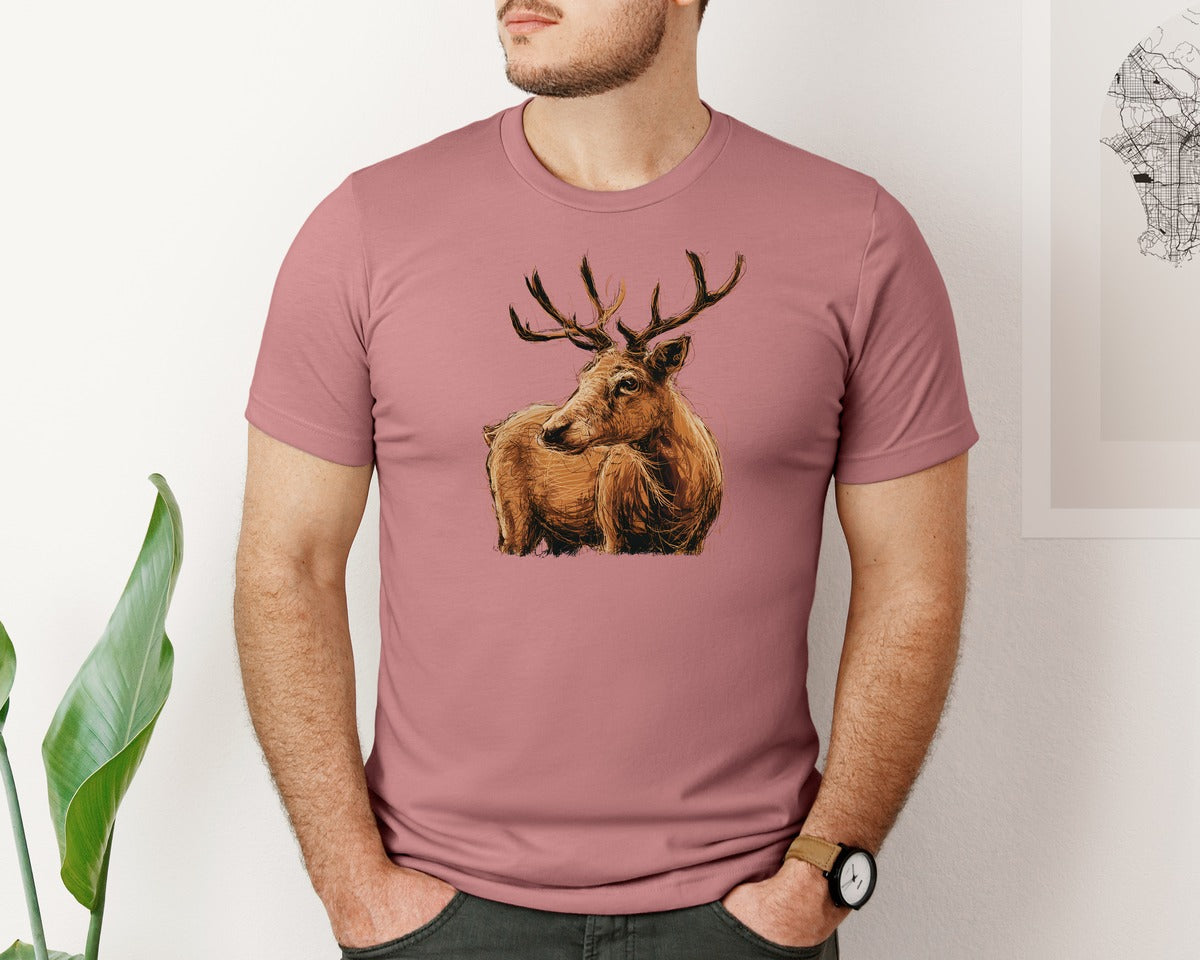 brand:Bella Canvas|color:Heather Mauve|Sketch Style Antlers Deer Art Design Graphic T-Shirt