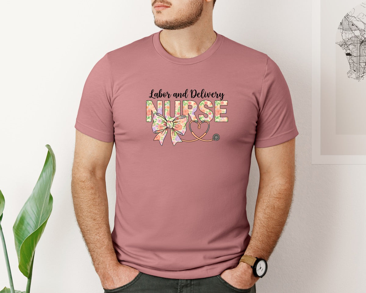 brand:Bella Canvas|color:Heather Mauve|Labor And Delivery Nurse Floral Graphic T-Shirt