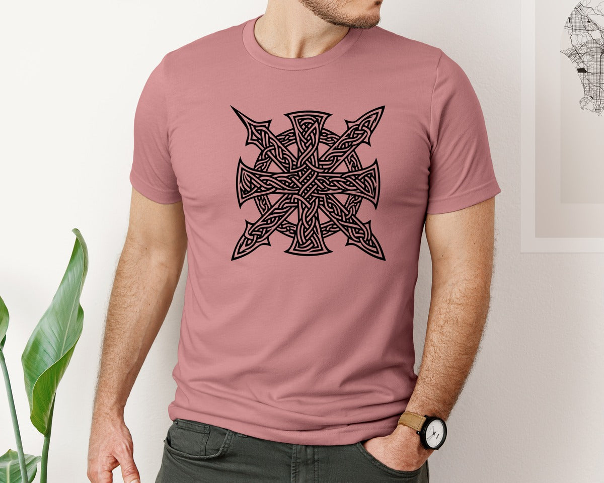 brand:Bella Canvas|color:Heather Mauve|Celtic Round Cross Rune Emblem Knot Graphic T-Shirt