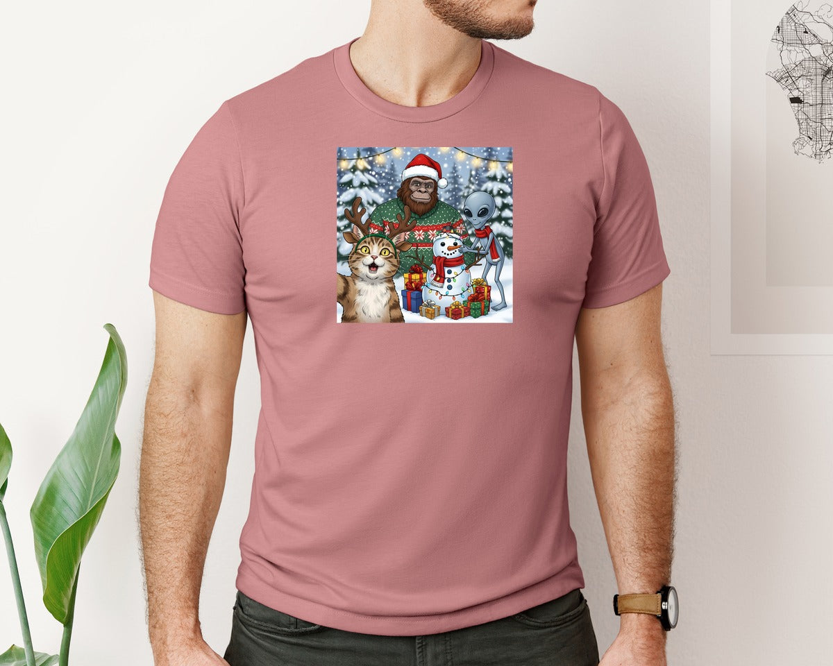 brand:Bella Canvas|color:Heather Mauve|Cat Selfie With Bigfoot Alien Snowman Graphic T-Shirt